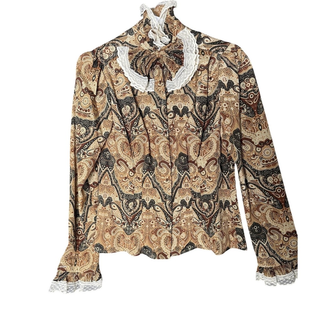 Vintage Pogia Blouse Womens 6 Brown Paisley Lace High Neck Bow Ruffle Cuff